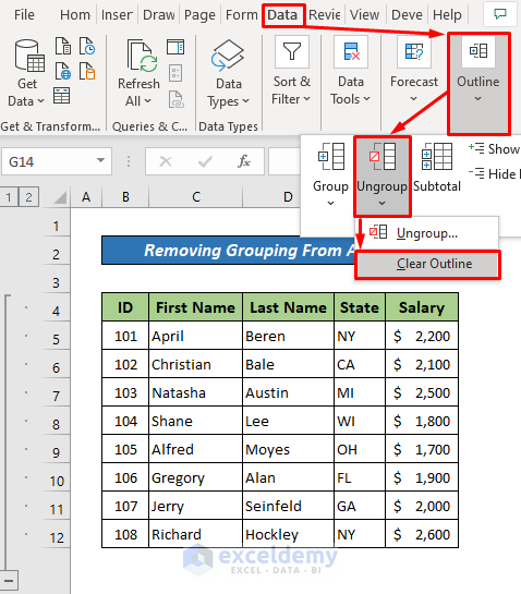 Remove Grouping in Excel from All Grouped Rows