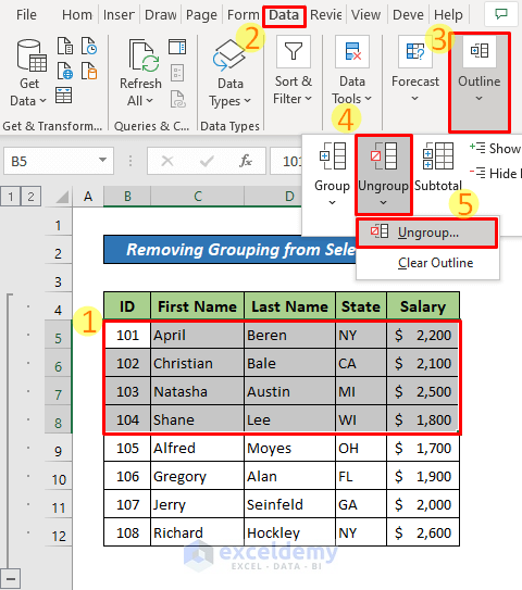 Remove Grouping in Excel from Selected Rows