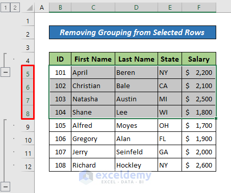 Remove Grouping in Excel from Selected Rows