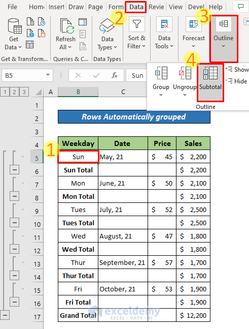 Rows Automatically Grouped by SUBTOTAL Function