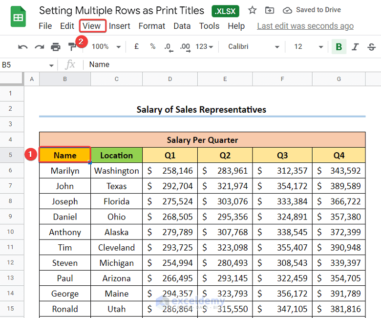 How to Set Multiple Rows as Print Titles in Google Sheets Using Freeze Pane