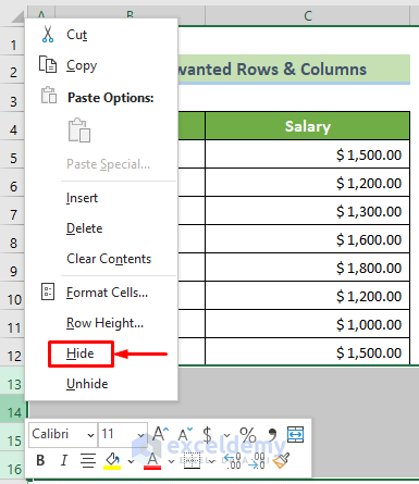 Choose the Hide Option to Set the End of an Excel Spreadsheet