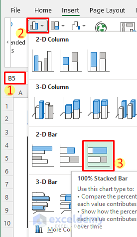 Insert 100% stacked bar chart in excel