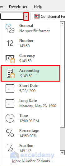 apply accounting number format in excel