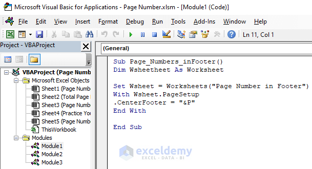 Insert Page Number in Footer Using Excel VBA