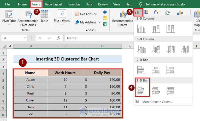 Insert 3D Clustered Bar Chart in Excel
