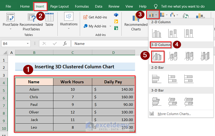 Inserting 3D Clustered Column Chart