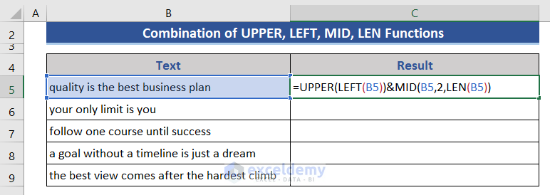 Merge UPPER, LEFT, MID, and LEN Functions to capitalize letter in Excel