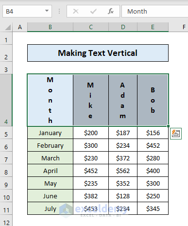 make Text Vertical in Excel
