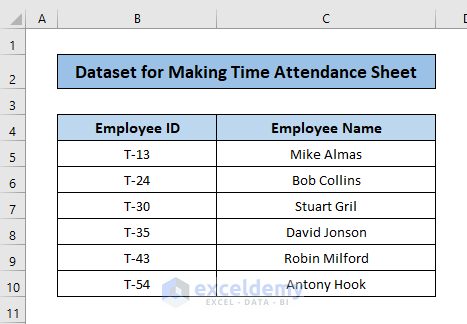 dataset for Makingf Time Attendance Sheet in Excel