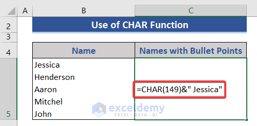 Excel CHAR Function for multiple bullet points