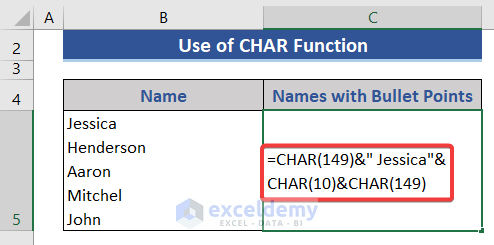 Excel CHAR Function for multiple bullet points