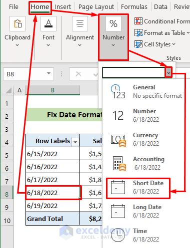 Make the B8 Cell as Date Format to Fix Pivot Table Date Filter Not Working