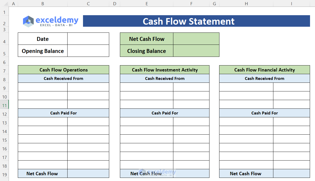 Create a Layout of a Cash Flow Statement Sheet