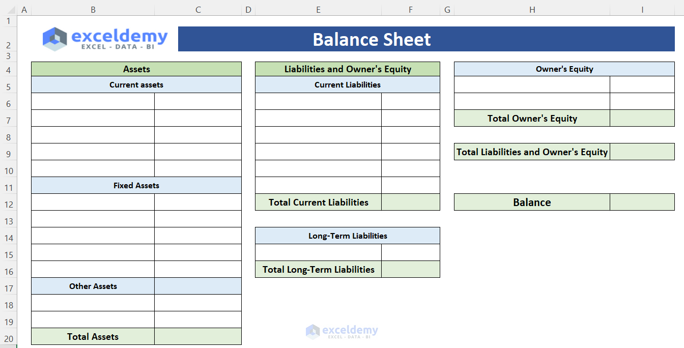 Create a Layout of balance sheet to Prepare Financial Statements