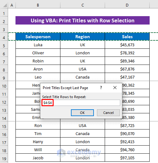 Print Titles with Row Selection Except for Last Page in Excel