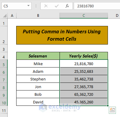 Put Comma in Numbers in Excel