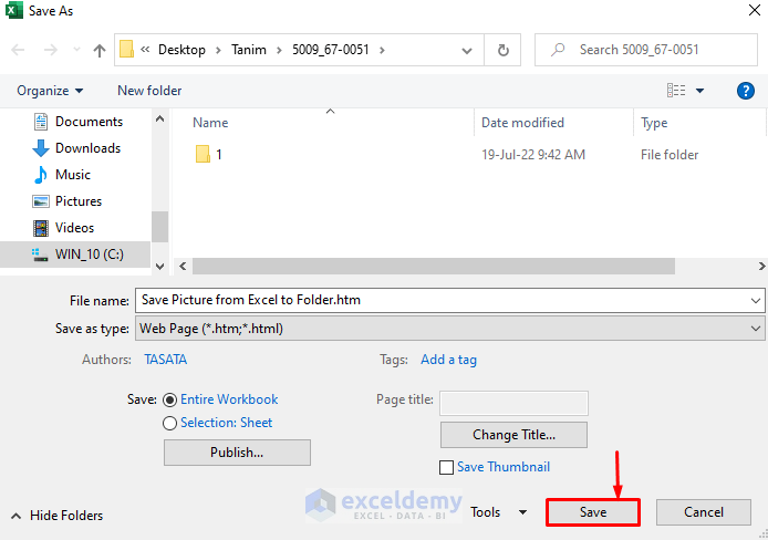 Click on the Save Button to save Pictures from Excel to Folder