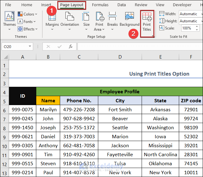 Select Column A as Titles to Repeat on Each Page Using Print titles Option