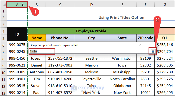 Select Column A as Titles to Repeat on Each Page Using Print titles Option