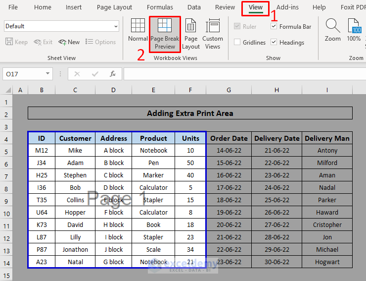 Set Print Area with Blue Line in Excel