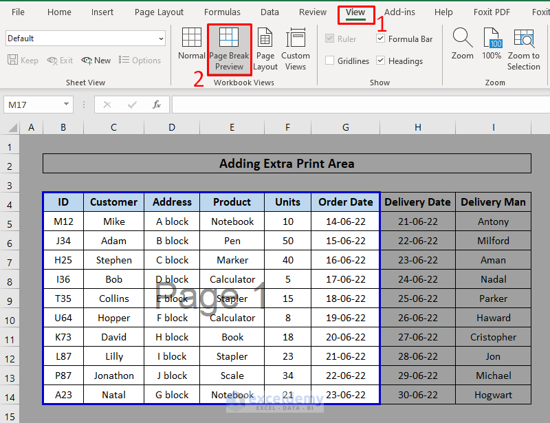 Set Print Area with Blue Line in Excel