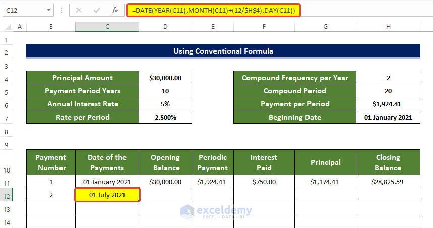 Implementing Conventional Formula to Student Loan Payoff Calculator with Amortization Table Excel