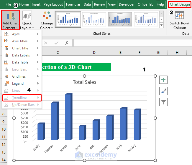 Trendline Option Will Not Be Showing Inside 3D-Chart in Excel