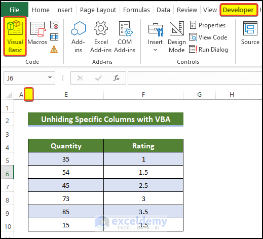 Unhide Columns in a Specific Range of Cells to Unhide All Columns with Excel VBA 
