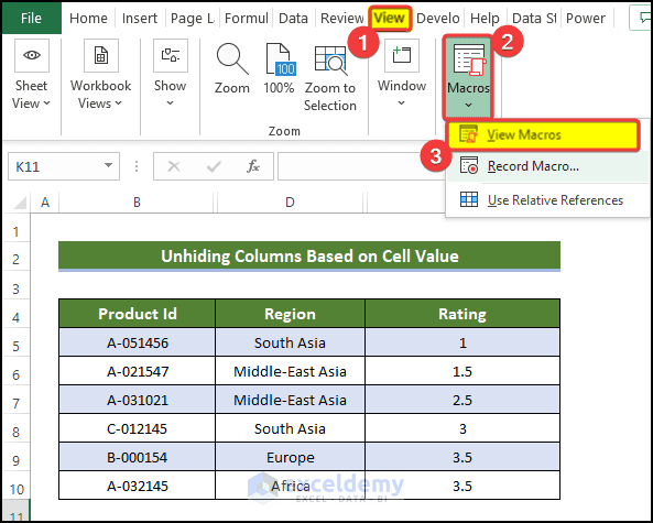 Unhide Columns Based on Cell Value to Unhide All Columns with Excel VBA 