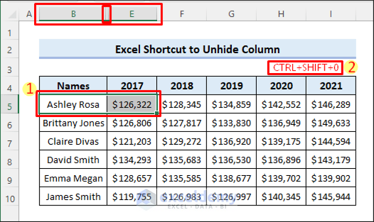 unhide columns in excel shortcut not working