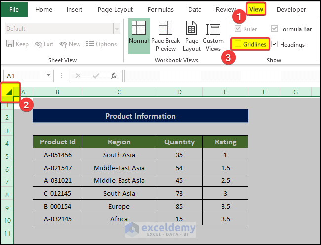 Enable Gridlines for Entire Worksheet to solve if Some of Your Gridlines Not Showing in Excel
