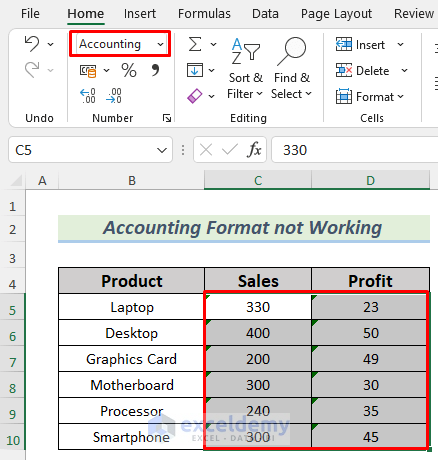 accounting format in excel not working