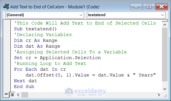 Applying VBA Code to Add Text to End of Cell in Excel