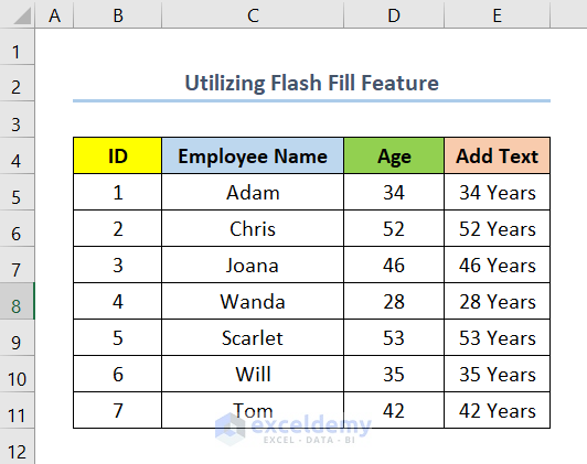 Utilizing Flash Fill Feature to Add Text to End of Cell