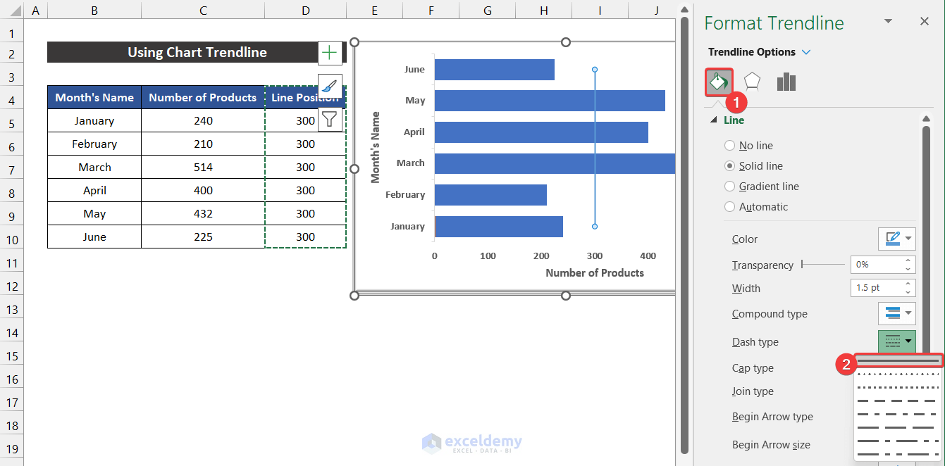 Using Chart Trendline to Add Vertical Line to Excel Bar Chart