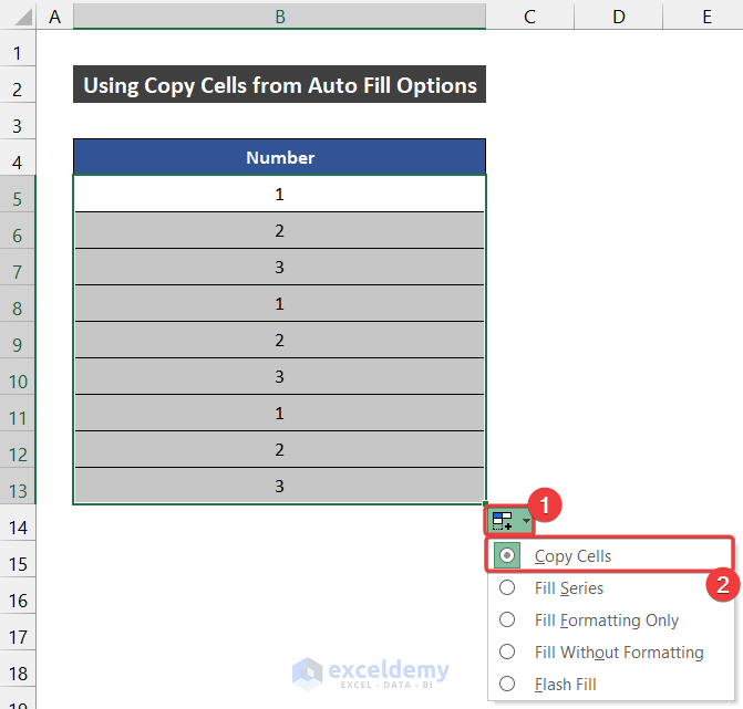 Utilizing Copy Cells from Auto Fill Options to Autofill with Repeated Sequential Numbers