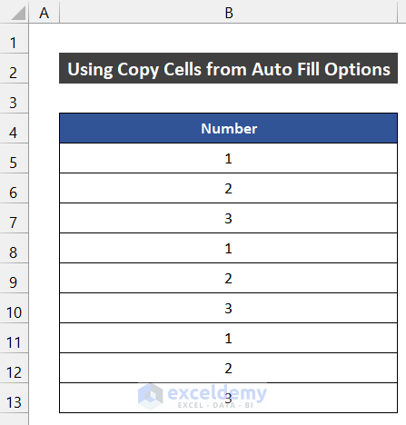 Utilizing Copy Cells from Auto Fill Options to Autofill with Repeated Sequential Numbers