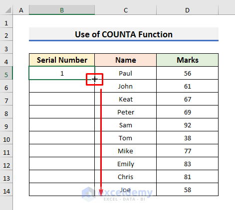 Insert Excel Formula with COUNTA Function to Generate Automatic Serial Number