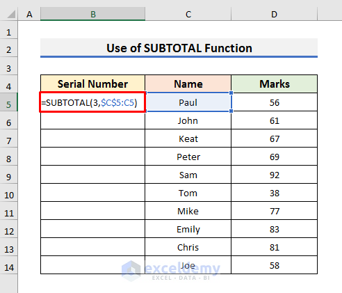 Create Automatic Serial Number in Excel Using SUBTOTAL Function