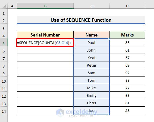 Apply SEQUENCE Function to Get Automatic Serial Number in Excel