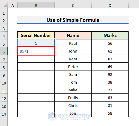 Apply Simple Formula to Add Automatic Serial Number in Excel