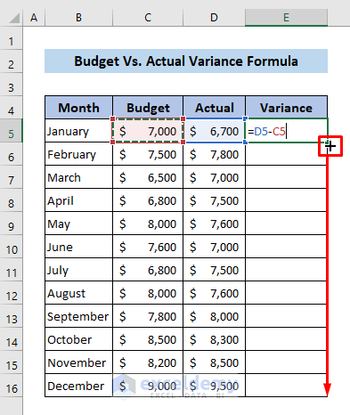Budget vs Actual Variance Formula in Excel