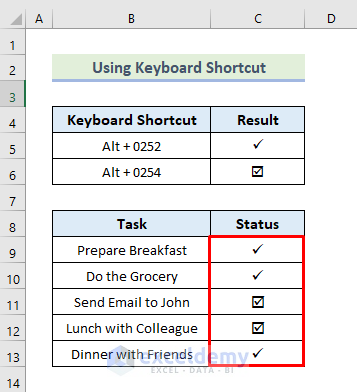 Character Code for Check Mark in Excel 