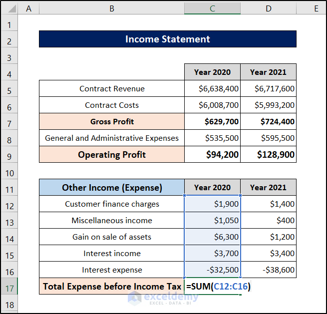 construction company financial statements in excel