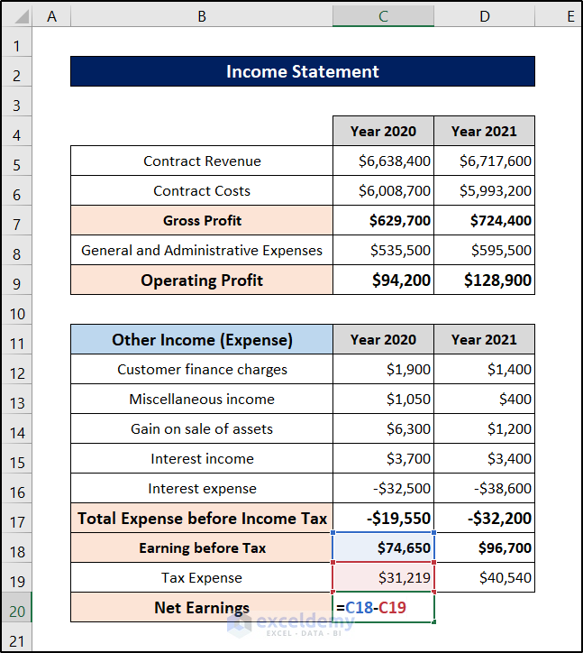 construction company financial statements in excel