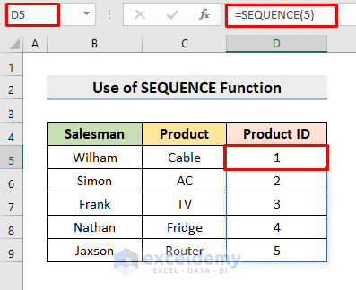 Insert Excel SEQUENCE Function to Create a Number Sequence