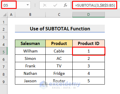 Apply Formula with SUBTOTAL Function to Create a Number Sequence