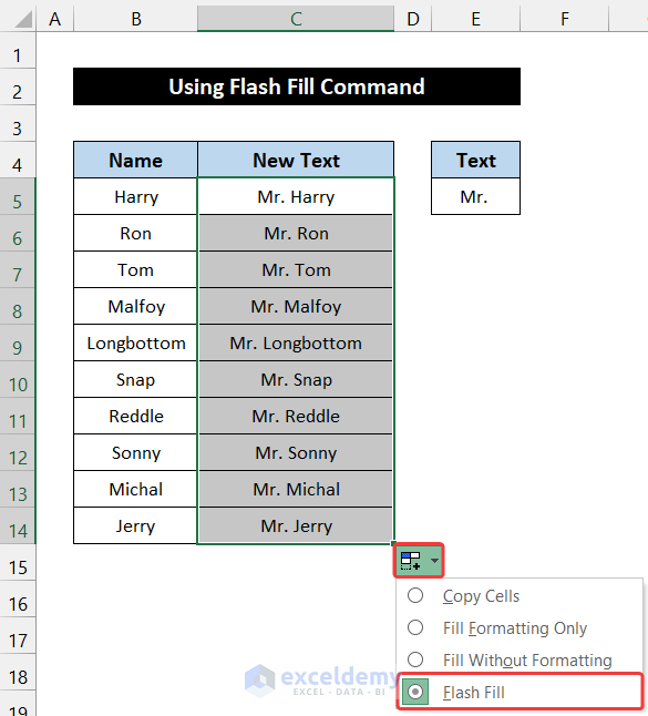 Using Flash Fill Command to Add Text to Cell Without Deleting