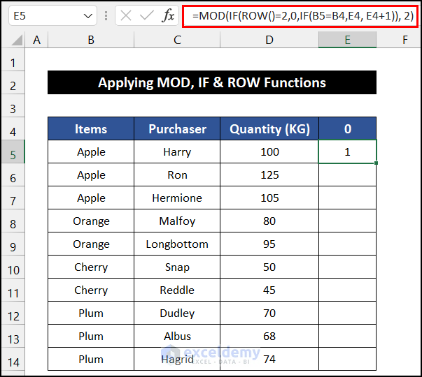 Applying MOD, IF and ROW Functions to Alternate Row Color Based on Group